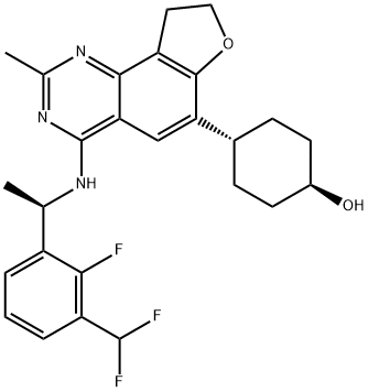 Cyclohexanol, 4-[4-[[(1R)-1-[3-(difluoromethyl)-2-fluorophenyl]ethyl]amino]-8,9-dihydro-2-methylfuro[2,3-h]quinazolin-6-yl]-, trans- Struktur