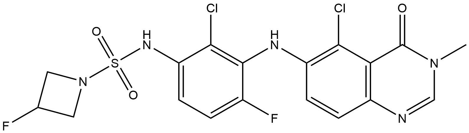 N-(2-chloro-3-((5-chloro-3-methyl-4-oxo-3,4-dihydroquinazolin-6-yl)amino)-4-fluorophenyl)-3-fluoroazetidine-1-sulfonamide Struktur