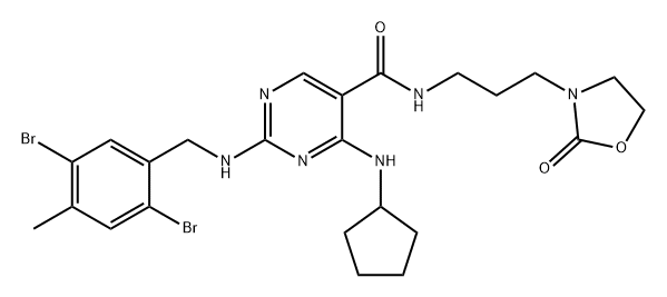 5-Pyrimidinecarboxamide, 4-(cyclopentylamino)-2-[[(2,5-dibromo-4-methylphenyl)methyl]amino]-N-[3-(2-oxo-3-oxazolidinyl)propyl]- Struktur