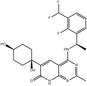 Pyrido[2,3-d]pyrimidin-7(8H)-one, 4-[[(1R)-1-[3-(difluoromethyl)-2-fluorophenyl]ethyl]amino]-6-(cis-1,4-dihydroxycyclohexyl)-2-methyl- Struktur