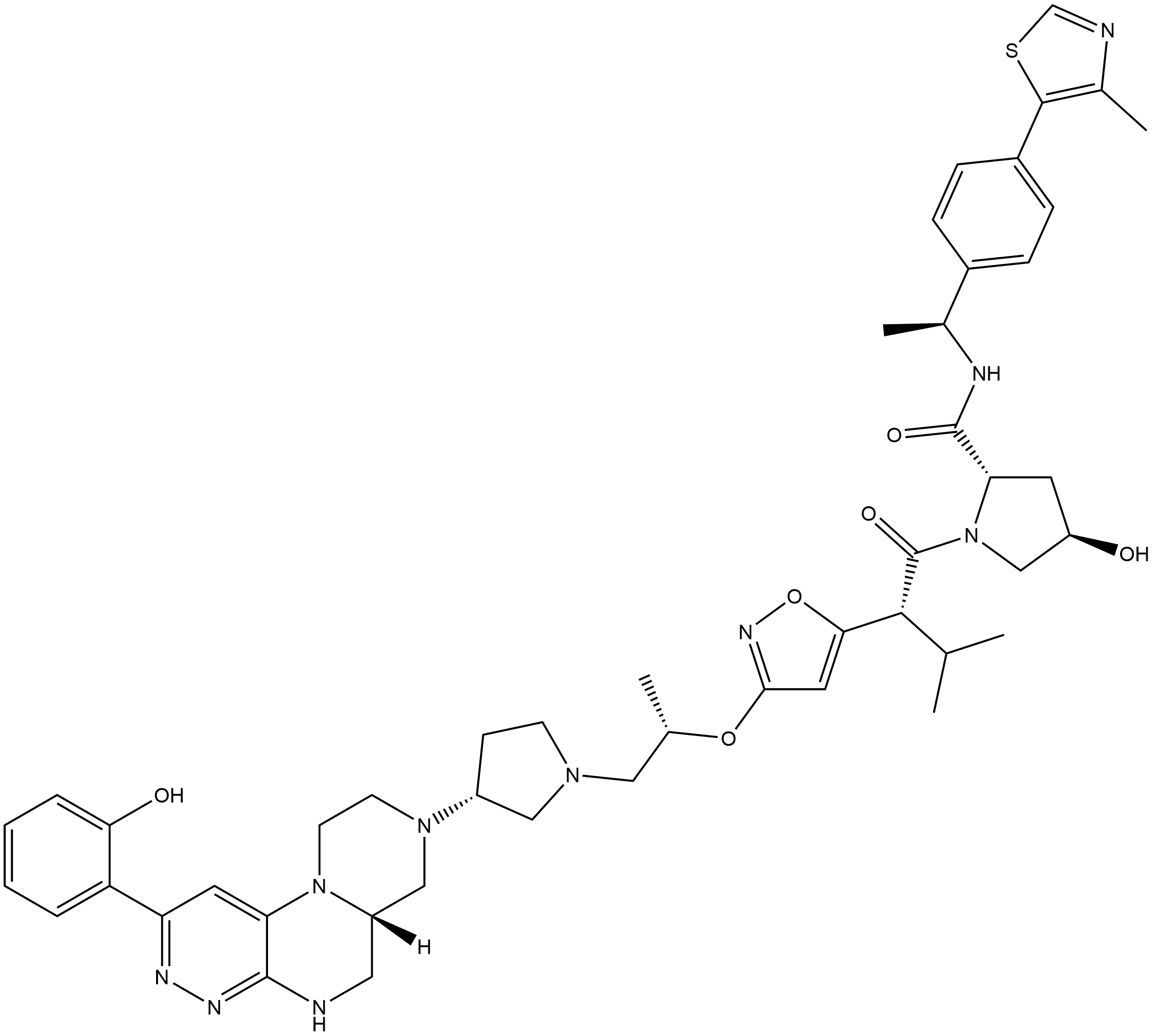 (2S,4R)-1-[(2R)-2-[3-[(1S)-2-[(3R)-3-[(6aS)-5,6,6a,7,9,10-Hexahydro-2-(2-hydroxyphenyl)-8H-pyrazino[1′,2′:4,5]pyrazino[2,3-c]pyridazin-8-yl]-1-pyrrolidinyl]-1-methylethoxy]-5-isoxazolyl]-3-methyl-1-oxobutyl]-4-hydroxy-N-[(1S)-1-[4-(4-methyl-5-thiazolyl)phenyl]ethyl]-2-pyrrolidinecarboxamide Struktur