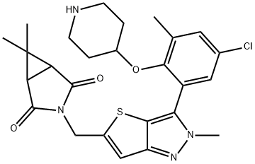 3-Azabicyclo[3.1.0]hexane-2,4-dione, 3-[[3-[5-chloro-3-methyl-2-(4-piperidinyloxy)phenyl]-2-methyl-2H-thieno[3,2-c]pyrazol-5-yl]methyl]-6,6-dimethyl- Struktur