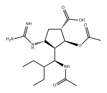 Cyclopentanecarboxylic acid, 3-[(1S)-1-(acetylamino)-2-ethylbutyl]-2-(acetyloxy)-4-[(aminoiminomethyl)amino]-, (1S,2S,3R,4R)- Struktur