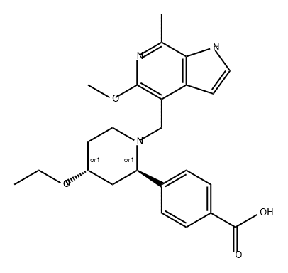 Benzoic acid, 4-[(2R,4R)-4-ethoxy-1-[(5-methoxy-7-methyl-1H-pyrrolo[2,3-c]pyridin-4-yl)methyl]-2-piperidinyl]-, rel- Struktur