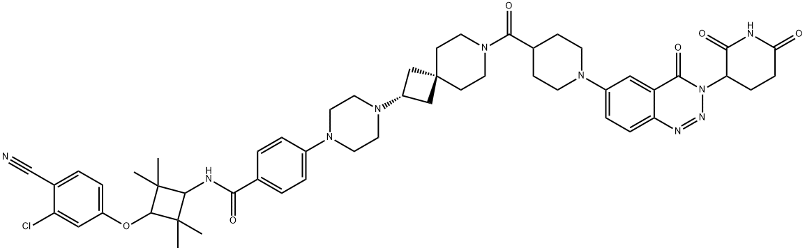 Benzamide, N-[trans-3-(3-chloro-4-cyanophenoxy)-2,2,4,4-tetramethylcyclobutyl]-4-[4-[7-[[1-[3-(2,6-dioxo-3-piperidinyl)-3,4-dihydro-4-oxo-1,2,3-benzotriazin-6-yl]-4-piperidinyl]carbonyl]-7-azaspiro[3.5]non-2-yl]-1-piperazinyl]- Struktur