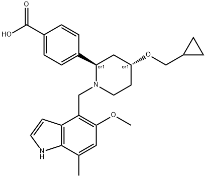 Benzoic acid, 4-[(2R,4R)-4-(cyclopropylmethoxy)-1-[(5-methoxy-7-methyl-1H-indol-4-yl)methyl]-2-piperidinyl]-, rel- Struktur