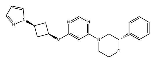 Morpholine, 2-phenyl-4-[6-[[cis-3-(1H-pyrazol-1-yl)cyclobutyl]oxy]-4-pyrimidinyl]-, (2S)- Struktur