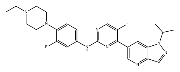 2-Pyrimidinamine, N-[4-(4-ethyl-1-piperazinyl)-3-fluorophenyl]-5-fluoro-4-[1-(1-methylethyl)-1H-pyrazolo[4,3-b]pyridin-6-yl]- Struktur