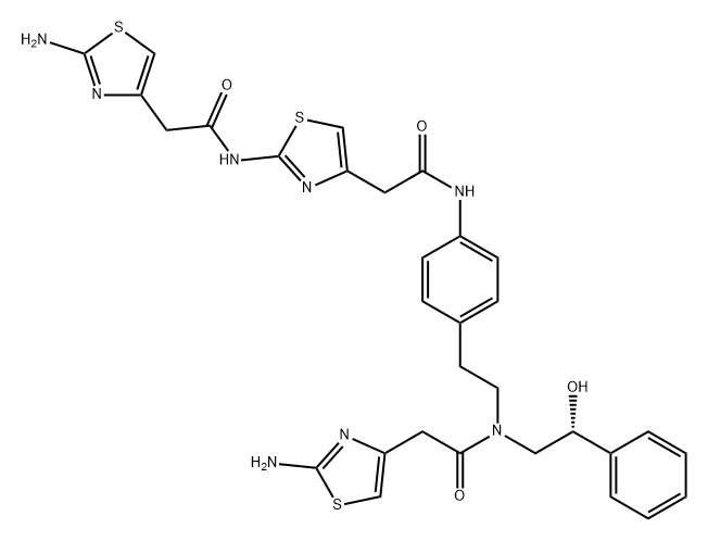 4-Thiazoleacetamide, 2-amino-N-[2-[4-[[2-[2-[[2-(2-amino-4-thiazolyl)acetyl]amino]-4-thiazolyl]acetyl]amino]phenyl]ethyl]-N-[(2R)-2-hydroxy-2-phenylethyl]- Struktur