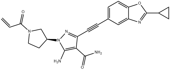 1H-Pyrazole-4-carboxamide, 5-amino-3-[2-(2-cyclopropyl-5-benzoxazolyl)ethynyl]-1-[(3S)-1-(1-oxo-2-propen-1-yl)-3-pyrrolidinyl]- Struktur