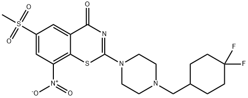 4H-1,3-Benzothiazin-4-one, 2-[4-[(4,4-difluorocyclohexyl)methyl]-1-piperazinyl]-6-(methylsulfonyl)-8-nitro- Struktur