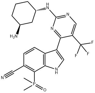 1H-Indole-6-carbonitrile, 3-[2-[[(1S,3S)-3-aminocyclohexyl]amino]-5-(trifluoromethyl)-4-pyrimidinyl]-7-(dimethylphosphinyl)- Struktur