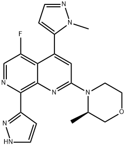 1,7-Naphthyridine, 5-fluoro-2-[(3R)-3-methyl-4-morpholinyl]-4-(1-methyl-1H-pyrazol-5-yl)-8-(1H-pyrazol-3-yl)- Struktur