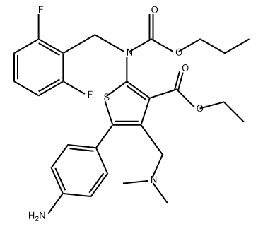 3-Thiophenecarboxylic acid, 5-(4-aminophenyl)-2-[[(2,6-difluorophenyl)methyl](propoxycarbonyl)amino]-4-[(dimethylamino)methyl]-, ethyl ester Struktur