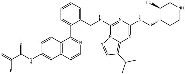 2-Fluoro-N-[1-[2-[[[2-[[[(3R,4R)-3-hydroxy-4-piperidinyl]methyl]amino]-8-(1-methylethyl)pyrazolo[1,5-a]-1,3,5-triazin-4-yl]amino]methyl]phenyl]-6-isoquinolinyl]-2-propenamide Struktur