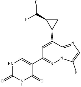 2,4(1H,3H)-Pyrimidinedione, 5-[8-[(1S,2S)-2-(difluoromethyl)cyclopropyl]-3-fluoroimidazo[1,2-b]pyridazin-6-yl]- Struktur