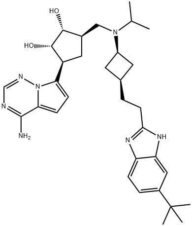 (1R,2S,3S,5R)-3-(4-Aminopyrrolo[2,1-f][1,2,4]triazin-7-yl)-5-[[[cis-3-[2-[6-(1,1-dimethylethyl)-1H-benzimidazol-2-yl]ethyl]cyclobutyl](1-methylethyl)amino]methyl]-1,2-cyclopentanediol Struktur