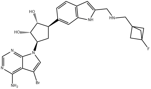 1,2-Cyclopentanediol, 3-(4-amino-5-bromo-7H-pyrrolo[2,3-d]pyrimidin-7-yl)-5-[2-[[[(3-fluorobicyclo[1.1.1]pent-1-yl)methyl]amino]methyl]-1H-indol-6-yl]-, (1R,2S,3R,5R)- Struktur