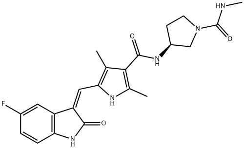 5-[(Z)-(5-Fluoro-1,2-dihydro-2-oxo-3H-indol-3-ylidene)methyl]-2,4-dimethyl-N-[(3S)-1-[(methylamino)carbonyl]-3-pyrrolidinyl]-1H-pyrrole-3-carboxamide Struktur