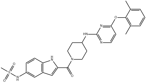 N-[2-[[4-[[4-(2,6-Dimethylphenoxy)-2-pyrimidinyl]amino]-1-piperidinyl]carbonyl]-1H-indol-5-yl]methanesulfonamide Struktur