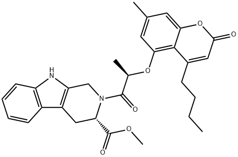 1H-Pyrido[3,4-b]indole-3-carboxylic acid, 2-[(2R)-2-[(4-butyl-7-methyl-2-oxo-2H-1-benzopyran-5-yl)oxy]-1-oxopropyl]-2,3,4,9-tetrahydro-, methyl ester, (3S)- Struktur