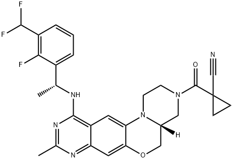 Cyclopropanecarbonitrile, 1-[[(4aR)-11-[[(1R)-1-[3-(difluoromethyl)-2-fluorophenyl]ethyl]amino]-1,2,4a,5-tetrahydro-9-methylpyrazino[2,1-c]pyrimido[5,4-g][1,4]benzoxazin-3(4H)-yl]carbonyl]- Struktur