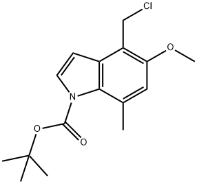 1H-Indole-1-carboxylic acid, 4-(chloromethyl)-5-methoxy-7-methyl-, 1,1-dimethylethyl ester Struktur