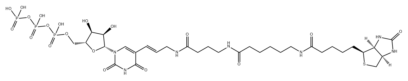 Uridine 5'-(tetrahydrogen triphosphate), 5-[(1E)-3-[[4-[[6-[[5-[(3aS,4S,6aR)-hexahydro-2-oxo-1H-thieno[3,4-d]imidazol-4-yl]-1-oxopentyl]amino]-1-oxohexyl]amino]-1-oxobutyl]amino]-1-propen-1-yl]- Struktur