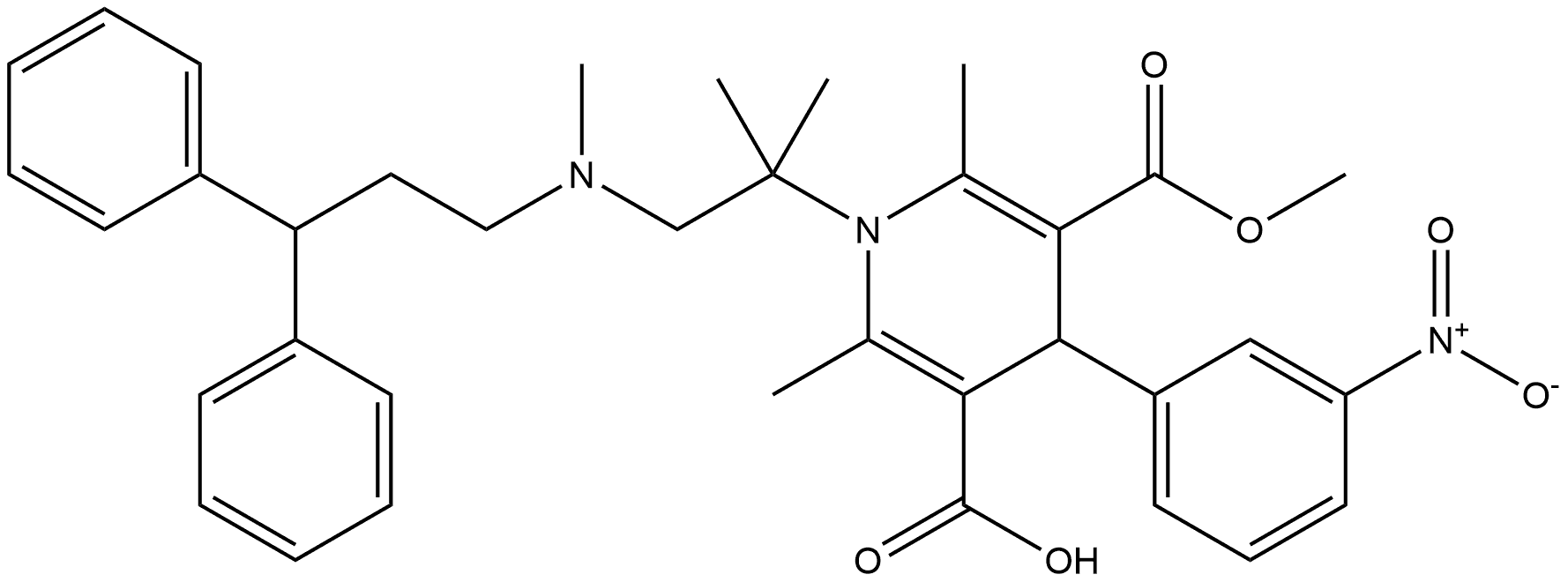 3,5-Pyridinedicarboxylic acid, 1-[2-[(3,3-diphenylpropyl)methylamino]-1,1-dimethylethyl]-1,4-dihydro-2,6-dimethyl-4-(3-nitrophenyl)-, 3-methyl ester Struktur