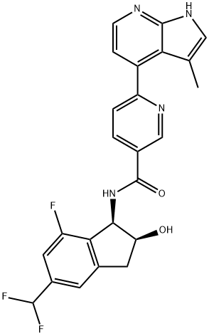 3-Pyridinecarboxamide, N-[(1R,2S)-5-(difluoromethyl)-7-fluoro-2,3-dihydro-2-hydroxy-1H-inden-1-yl]-6-(3-methyl-1H-pyrrolo[2,3-b]pyridin-4-yl)- Struktur