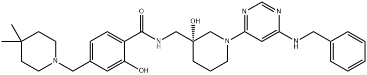 Benzamide, 4-[(4,4-dimethyl-1-piperidinyl)methyl]-2-hydroxy-N-[[(3R)-3-hydroxy-1-[6-[(phenylmethyl)amino]-4-pyrimidinyl]-3-piperidinyl]methyl]- Struktur