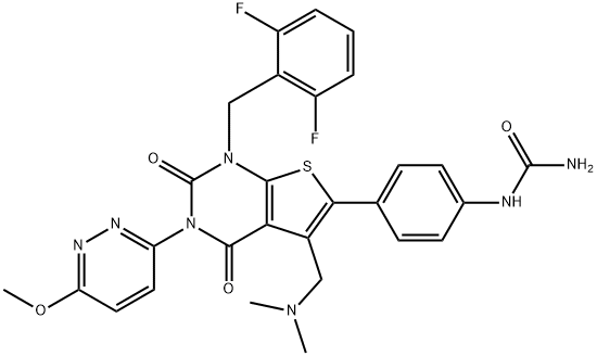 Urea, N-[4-[1-[(2,6-difluorophenyl)methyl]-5-[(dimethylamino)methyl]-1,2,3,4-tetrahydro-3-(6-methoxy-3-pyridazinyl)-2,4-dioxothieno[2,3-d]pyrimidin-6-yl]phenyl]- Struktur