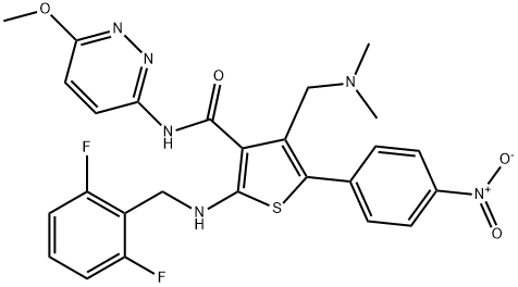 3-Thiophenecarboxamide, 2-[[(2,6-difluorophenyl)methyl]amino]-4-[(dimethylamino)methyl]-N-(6-methoxy-3-pyridazinyl)-5-(4-nitrophenyl)- Struktur