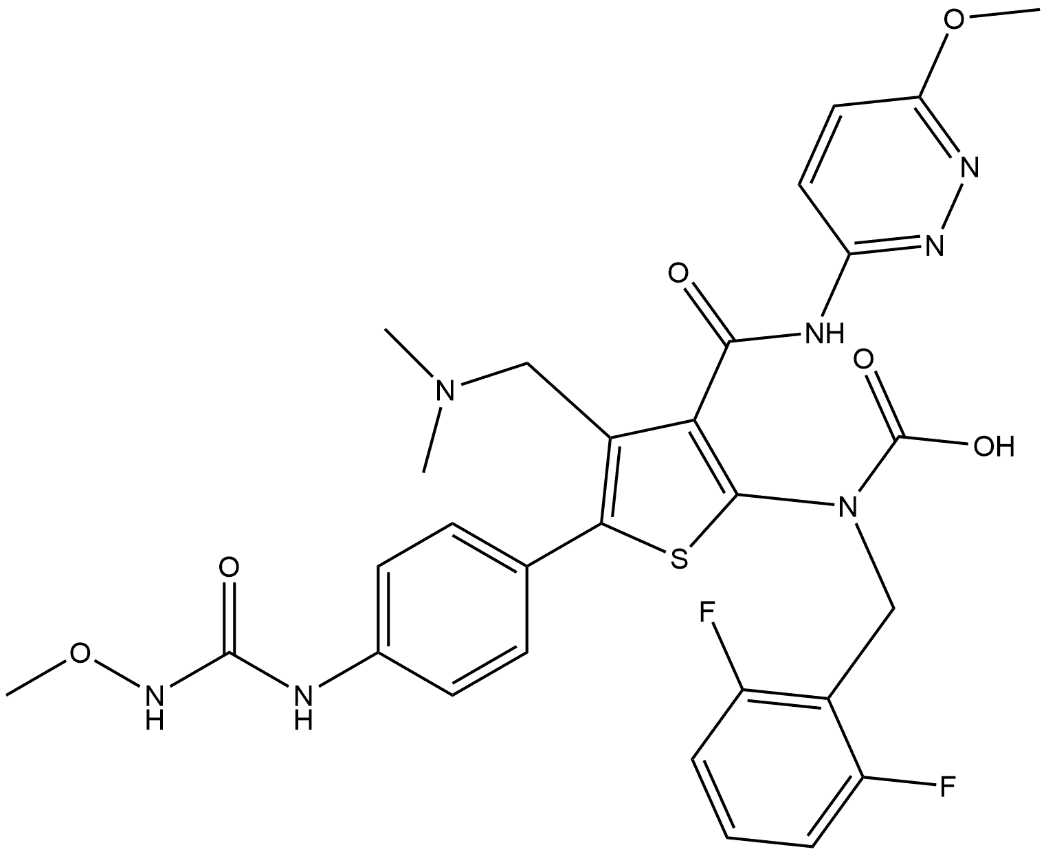 N-[(2,6-Difluorophenyl)methyl]-N-[4-[(dimethylamino)methyl]-5-[4-[[(methoxyamino)carbonyl]amino]phenyl]-3-[[(6-methoxy-3-pyridazinyl)amino]carbonyl]-2-thienyl]carbamic acid Struktur