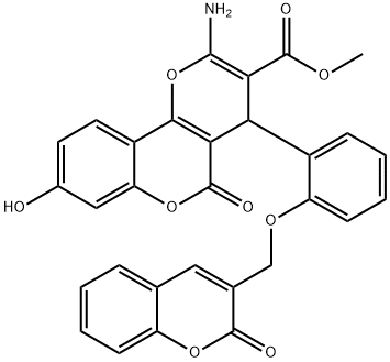 4H,5H-Pyrano[3,2-c][1]benzopyran-3-carboxylic acid, 2-amino-8-hydroxy-5-oxo-4-[2-[(2-oxo-2H-1-benzopyran-3-yl)methoxy]phenyl]-, methyl ester Struktur