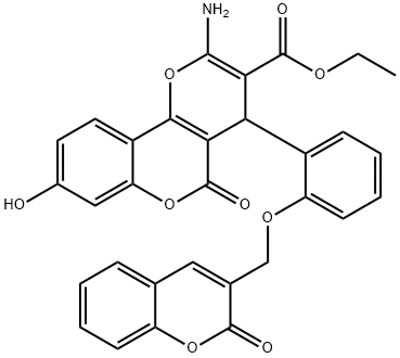 4H,5H-Pyrano[3,2-c][1]benzopyran-3-carboxylic acid, 2-amino-8-hydroxy-5-oxo-4-[2-[(2-oxo-2H-1-benzopyran-3-yl)methoxy]phenyl]-, ethyl ester Struktur