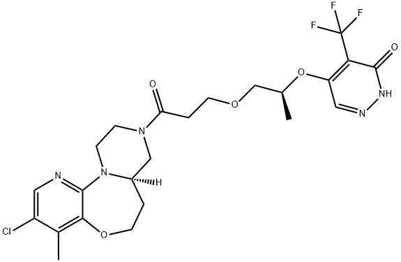 3(2H)-Pyridazinone, 5-[(1S)-2-[3-[(7aR)-3-chloro-6,7,7a,8,10,11-hexahydro-4-methyl-9H-pyrazino[1,2-d]pyrido[3,2-b][1,4]oxazepin-9-yl]-3-oxopropoxy]-1-methylethoxy]-4-(trifluoromethyl)- Struktur