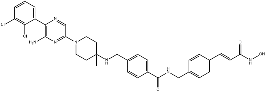 Benzamide, 4-[[[1-[6-amino-5-(2,3-dichlorophenyl)-2-pyrazinyl]-4-methyl-4-piperidinyl]amino]methyl]-N-[[4-[(1E)-3-(hydroxyamino)-3-oxo-1-propen-1-yl]phenyl]methyl]- Struktur