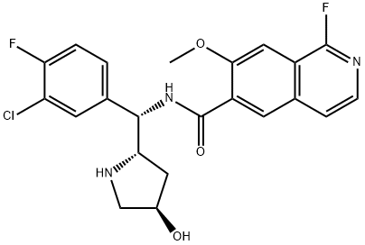 6-Isoquinolinecarboxamide, N-[(S)-(3-chloro-4-fluorophenyl)[(2S,4R)-4-hydroxy-2-pyrrolidinyl]methyl]-1-fluoro-7-methoxy- Struktur