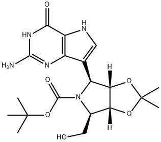 5H-1,3-Dioxolo4,5-cpyrrole-5-carboxylic acid, 4-(2-amino-4,5-dihydro-4-oxo-1H-pyrrolo3,2-dpyrimidin-7-yl)tetrahydro-6-(hydroxymethyl)-2,2-dimethyl-, 1,1-dimethylethyl ester, (3aS,4S,6R,6aR)- Struktur