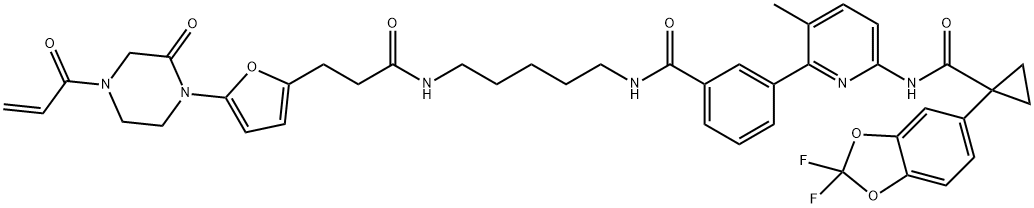 N-[5-[[3-[6-[[[1-(2,2-Difluoro-1,3-benzodioxol-5-yl)cyclopropyl]carbonyl]amino]-3-methyl-2-pyridinyl]benzoyl]amino]pentyl]-5-[2-oxo-4-(1-oxo-2-propen-1-yl)-1-piperazinyl]-2-furanpropanamide Struktur