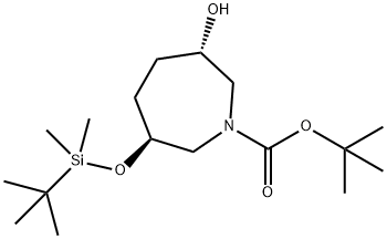 1H-Azepine-1-carboxylic acid, 3-[[(1,1-dimethylethyl)dimethylsilyl]oxy]hexahydro-6-hydroxy-, 1,1-dimethylethyl ester, (3S,6S)- Struktur