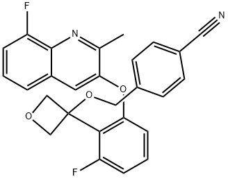 Benzonitrile, 4-[[[3-[2-fluoro-6-[(8-fluoro-2-methyl-3-quinolinyl)oxy]phenyl]-3-oxetanyl]oxy]methyl]- Struktur