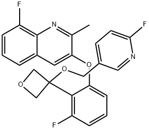 Quinoline, 8-fluoro-3-[3-fluoro-2-[3-[(6-fluoro-3-pyridinyl)methoxy]-3-oxetanyl]phenoxy]-2-methyl- Struktur