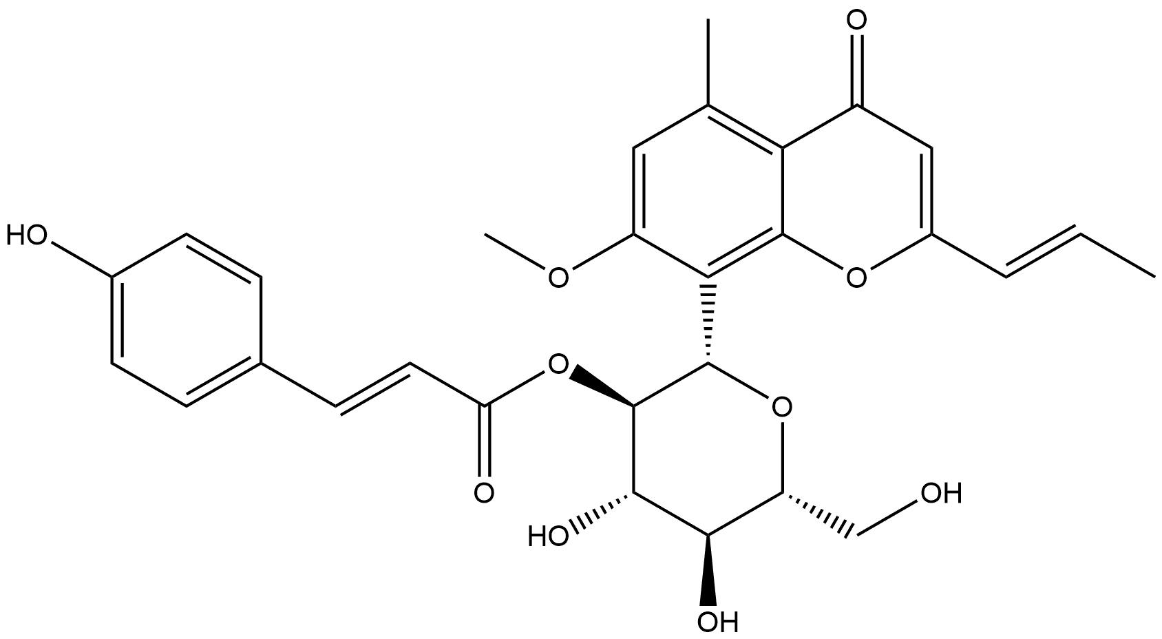 4H-1-Benzopyran-4-one, 8-[2-O-[(2E)-3-(4-hydroxyphenyl)-1-oxo-2-propen-1-yl]-β-D-glucopyranosyl]-7-methoxy-5-methyl-2-(1E)-1-propen-1-yl- Struktur