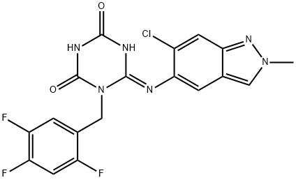 (6E)-6-[(6-Chloro-2-methyl-2H-indazol-5-yl)imino]dihydro-1-[(2,4,5-trifluorophenyl)methyl]-1,3,5-triazine-2,4(1H,3H)-dione Struktur