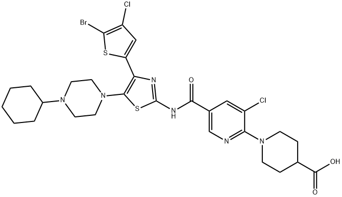 4-Piperidinecarboxylic acid, 1-[5-[[[4-(5-bromo-4-chloro-2-thienyl)-5-(4-cyclohexyl-1-piperazinyl)-2-thiazolyl]amino]carbonyl]-3-chloro-2-pyridinyl]- Struktur