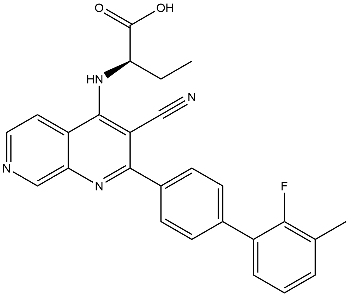 Butanoic acid, 2-[[3-cyano-2-(2′-fluoro-3′-methyl[1,1′-biphenyl]-4-yl)-1,7-naphthyridin-4-yl]amino]-, (2R)- Struktur