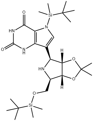 1H-Pyrrolo3,2-dpyrimidine-2,4(3H,5H)-dione, 5-(1,1-dimethylethyl)dimethylsilyl-7-(3aS,4S,6R,6aR)-6-(1,1-dimethylethyl)dimethylsilyloxymethyltetrahydro-2,2-dimethyl-4H-1,3-dioxolo4,5-cpyrrol-4-yl- Struktur