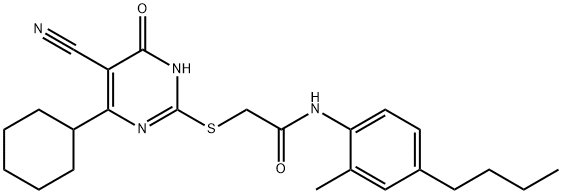 Acetamide, N-(4-butyl-2-methylphenyl)-2-[(5-cyano-4-cyclohexyl-1,6-dihydro-6-oxo-2-pyrimidinyl)thio]- Struktur